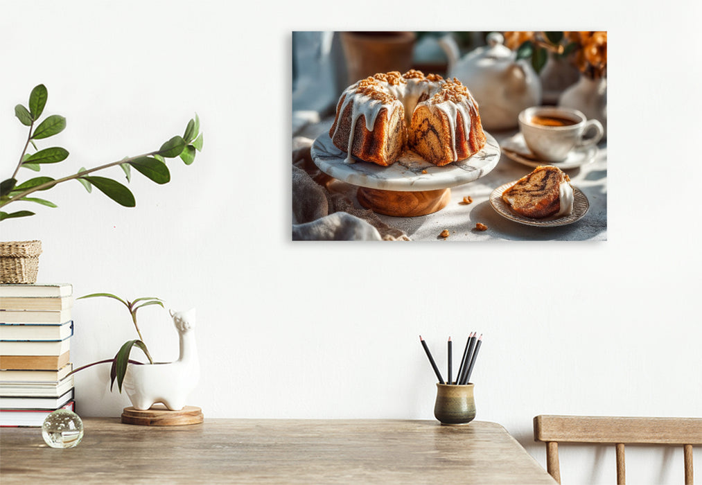 Premium Textil-Leinwand Gugelhupf Bild mit Zuckerguss auf Kuchenteller