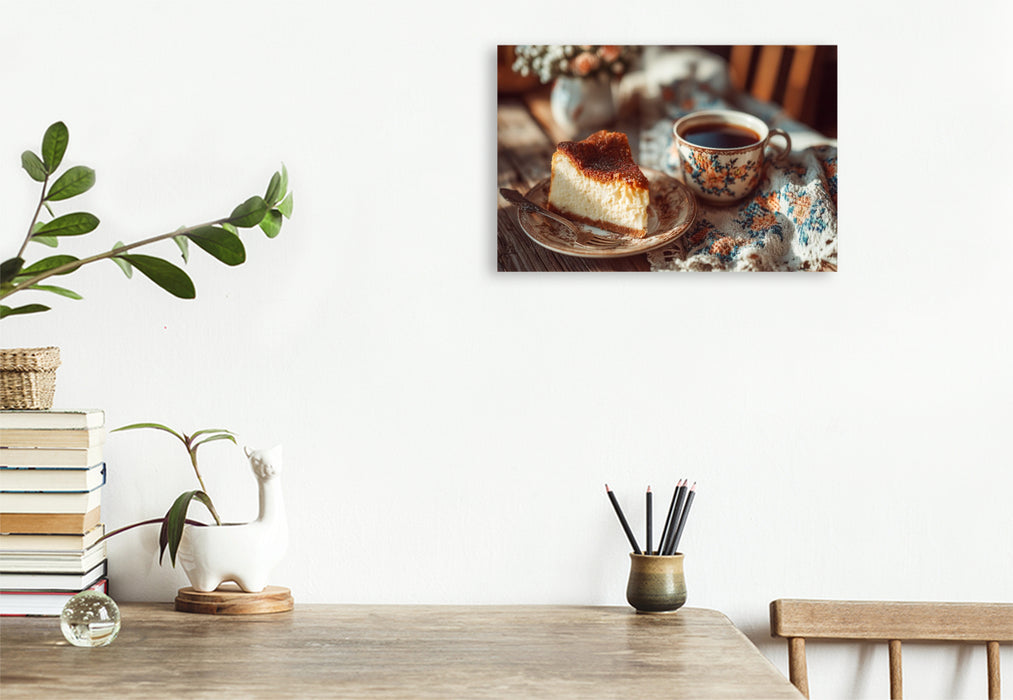 Premium Textil-Leinwand Omas Käsekuchen Bild mit Kaffee auf rustikalem Holztisch