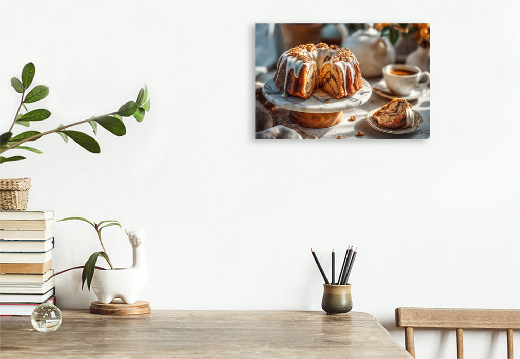Premium Textil-Leinwand Gugelhupf Bild mit Zuckerguss auf Kuchenteller