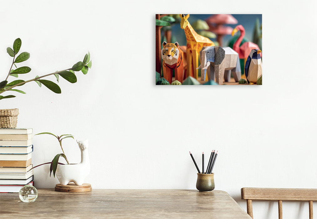 Premium Textil-Leinwand Origami Zoo mit Tiger, Giraffe, Elefant und Flamingo