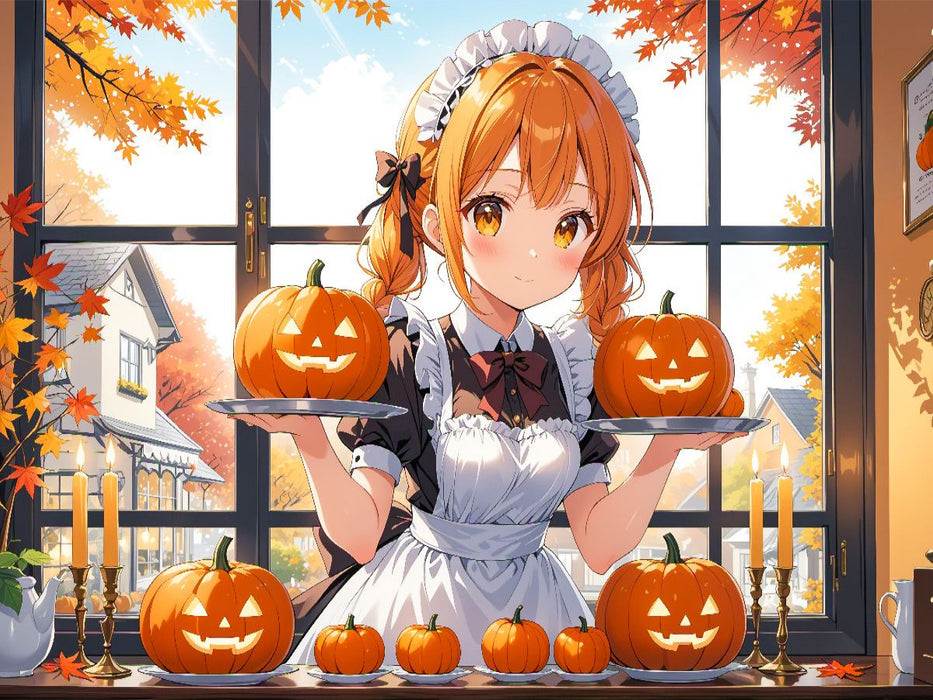 Anime Halloween Maid mit Kürbissen im Café - CALVENDO Foto-Puzzle'