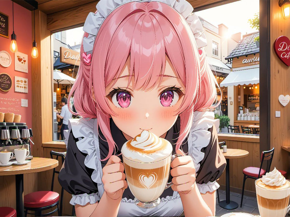 Anime Maid mit Latte Art im Café – Manga Bild voller Charme - CALVENDO Foto-Puzzle'