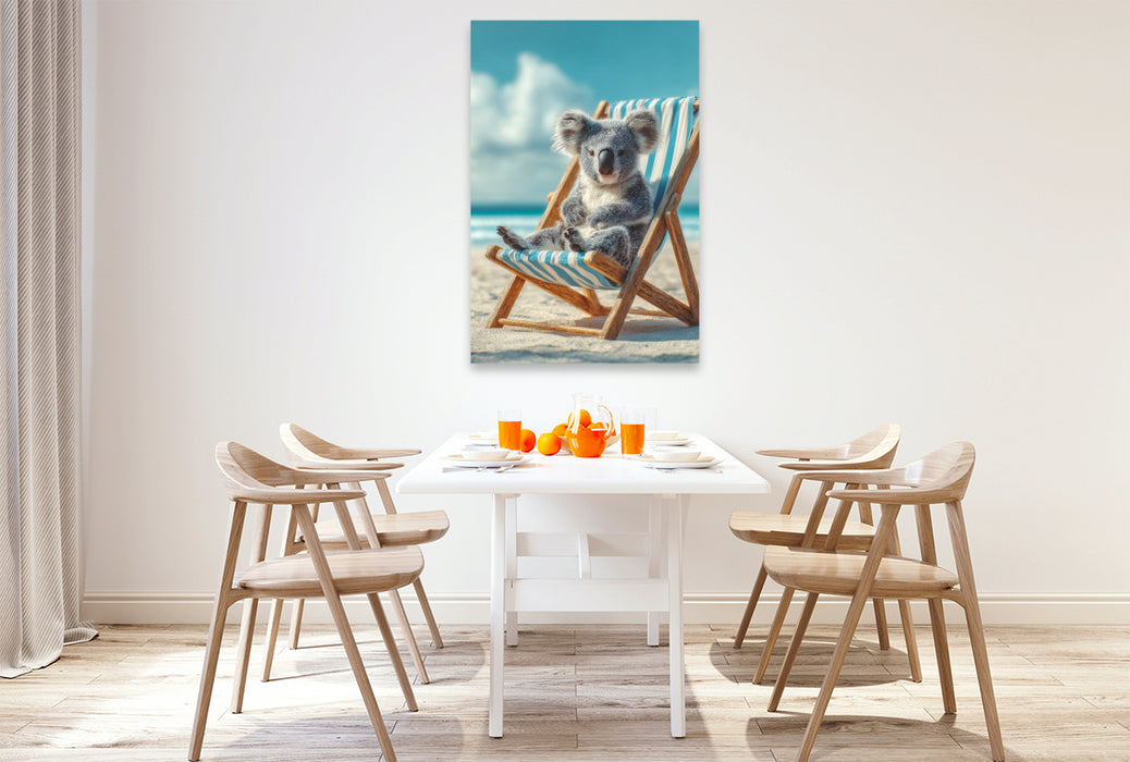 Premium Textil-Leinwand Koalabär im Liegestuhl am Strand