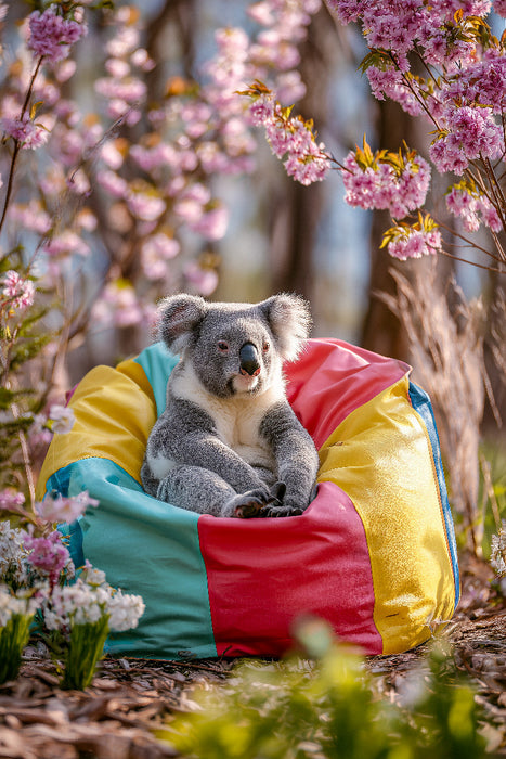 Premium Textil-Leinwand Koalabär im bunten Sitzsack unter Blüten