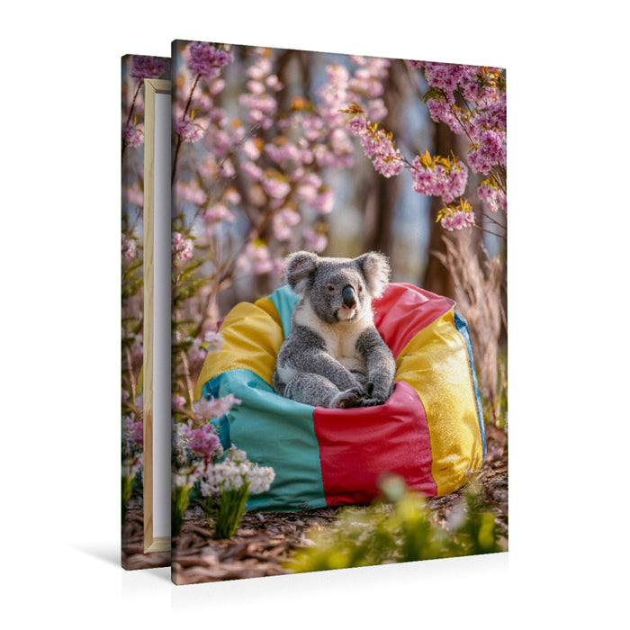 Premium Textil-Leinwand Koalabär im bunten Sitzsack unter Blüten