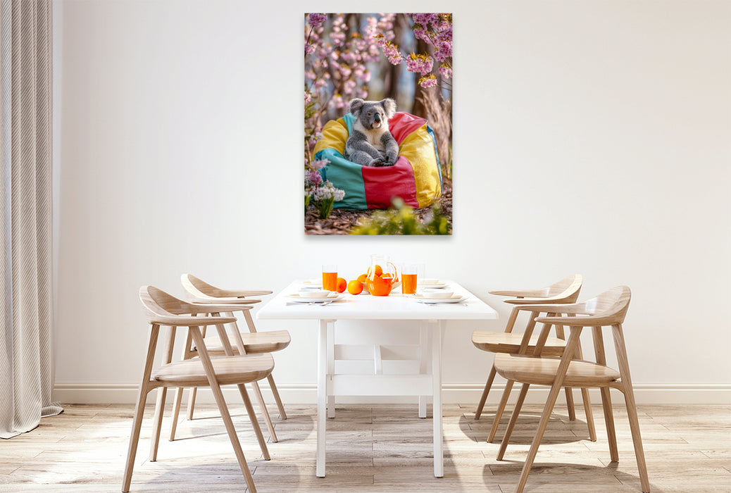 Premium Textil-Leinwand Koalabär im bunten Sitzsack unter Blüten
