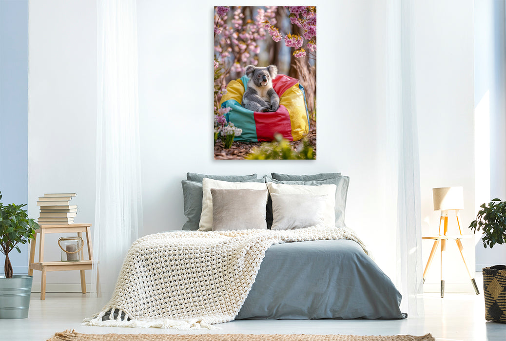 Premium Textil-Leinwand Koalabär im bunten Sitzsack unter Blüten