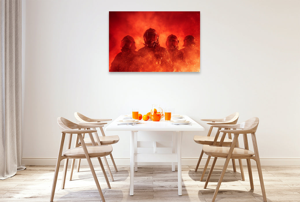 Premium Textil-Leinwand Feuerwehrmänner im Feuer