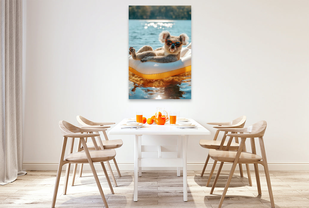 Premium Textil-Leinwand Koala mit Sonnenbrille im Schwimmring