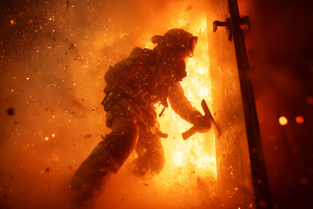 Premium Textil-Leinwand Feuerwehrmann im Feuer