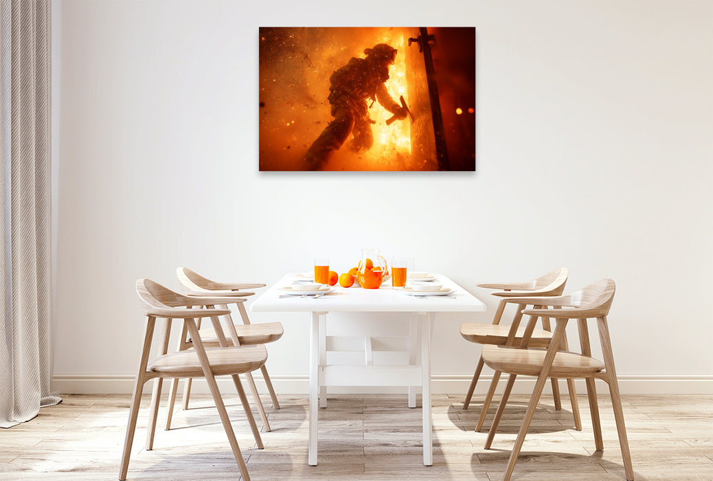 Premium Textil-Leinwand Feuerwehrmann im Feuer