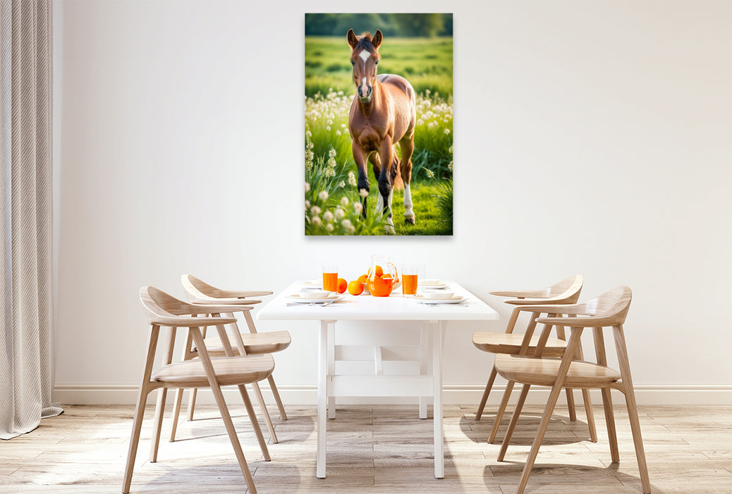 Premium Textil-Leinwand Pony Fohlen auf Blumenwiese
