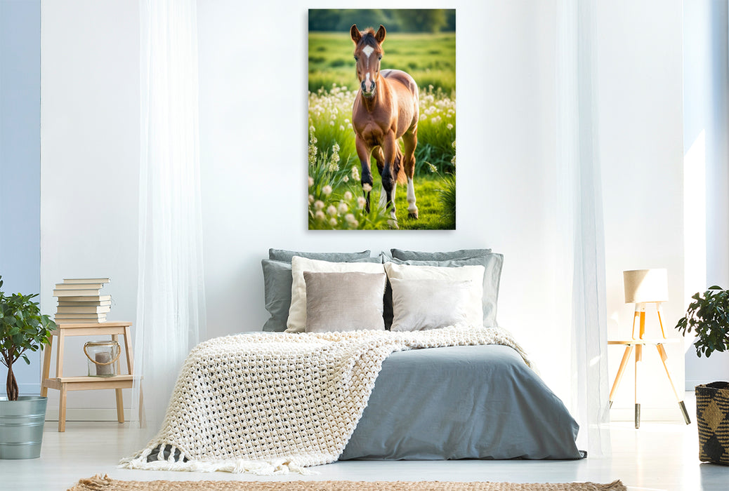 Premium Textil-Leinwand Pony Fohlen auf Blumenwiese