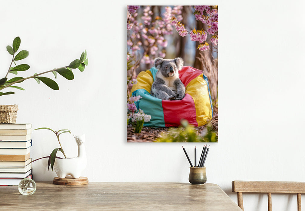 Premium Textil-Leinwand Koalabär im bunten Sitzsack unter Blüten