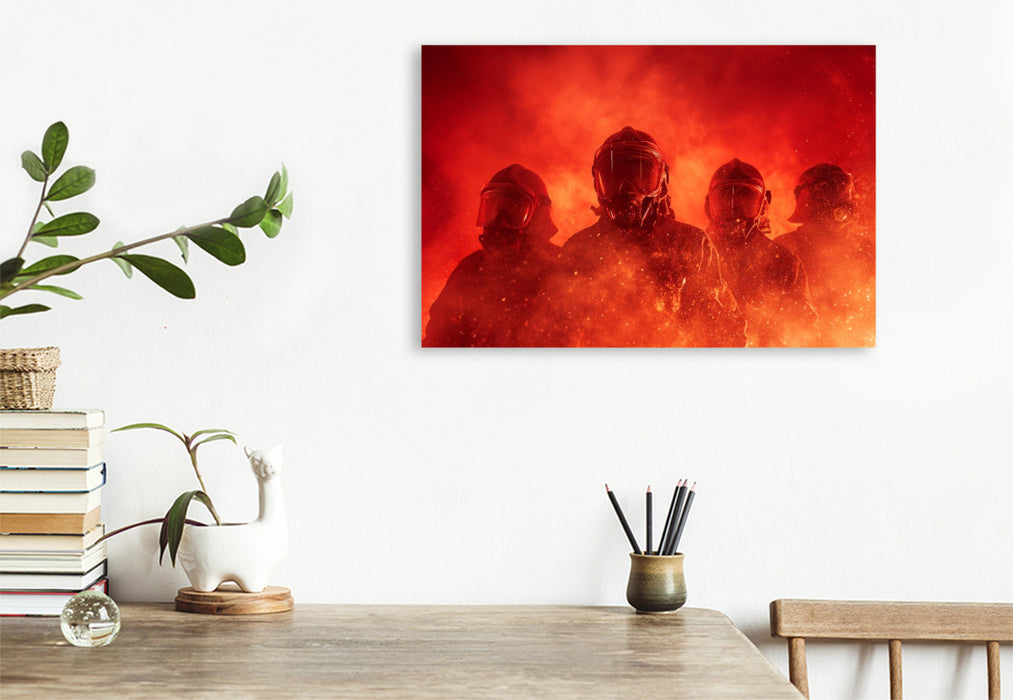 Premium Textil-Leinwand Feuerwehrmänner im Feuer