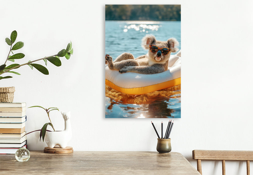 Premium Textil-Leinwand Koala mit Sonnenbrille im Schwimmring