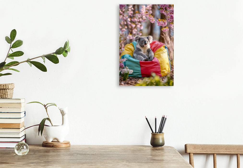Premium Textil-Leinwand Koalabär im bunten Sitzsack unter Blüten