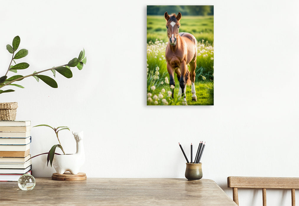 Premium Textil-Leinwand Pony Fohlen auf Blumenwiese