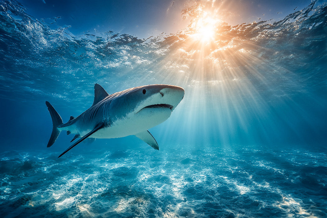 Premium Textil-Leinwand Hai im Sonnenlicht des Ozeans