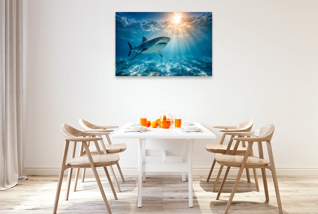 Premium Textil-Leinwand Hai im Sonnenlicht des Ozeans