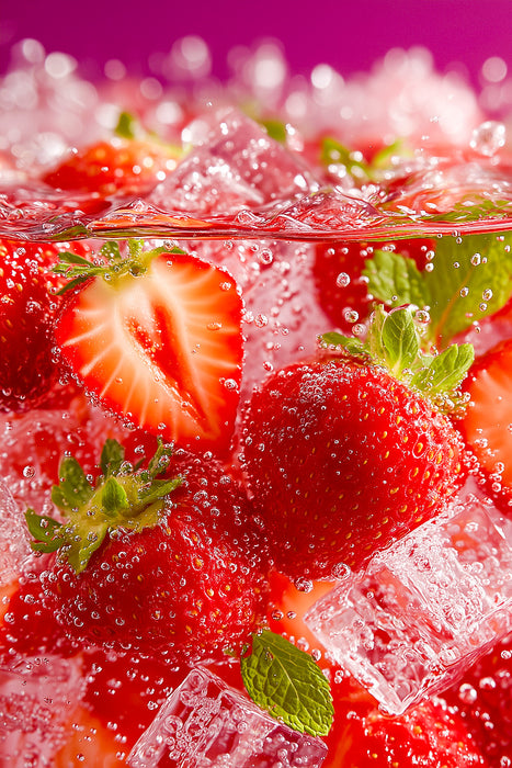 Premium Textil-Leinwand Erdbeeren mit Eiswürfeln und Minze