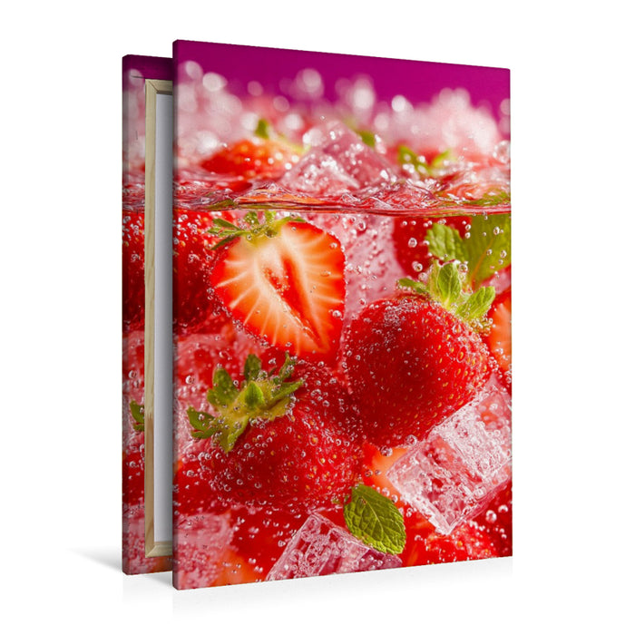 Premium Textil-Leinwand Erdbeeren mit Eiswürfeln und Minze