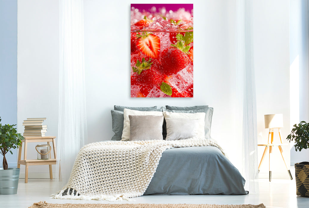 Premium Textil-Leinwand Erdbeeren mit Eiswürfeln und Minze
