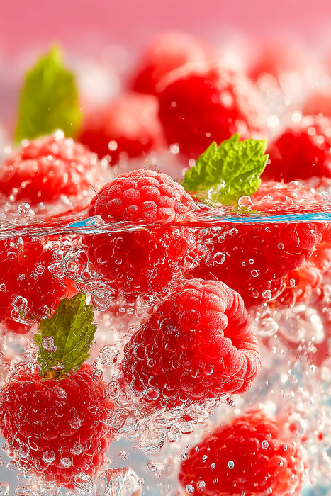 Premium Textil-Leinwand Frische Himbeeren mit Eiswürfeln