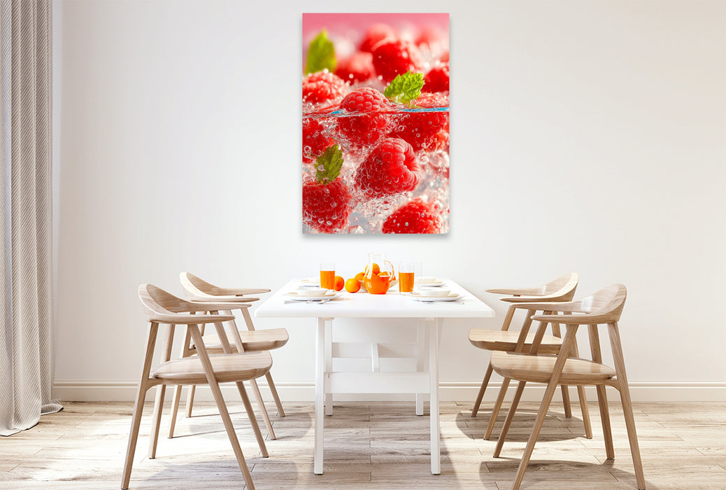 Premium Textil-Leinwand Frische Himbeeren mit Eiswürfeln