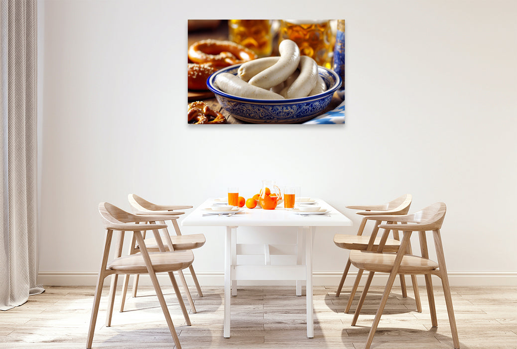 Premium Textil-Leinwand Bayerische Weißwürste mit Bier und Brezel