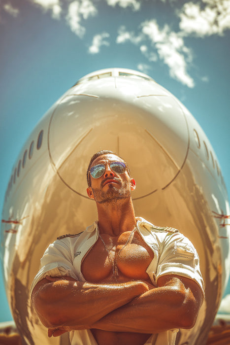 Premium Textil-Leinwand Sexy Pilot vor Flugzeug