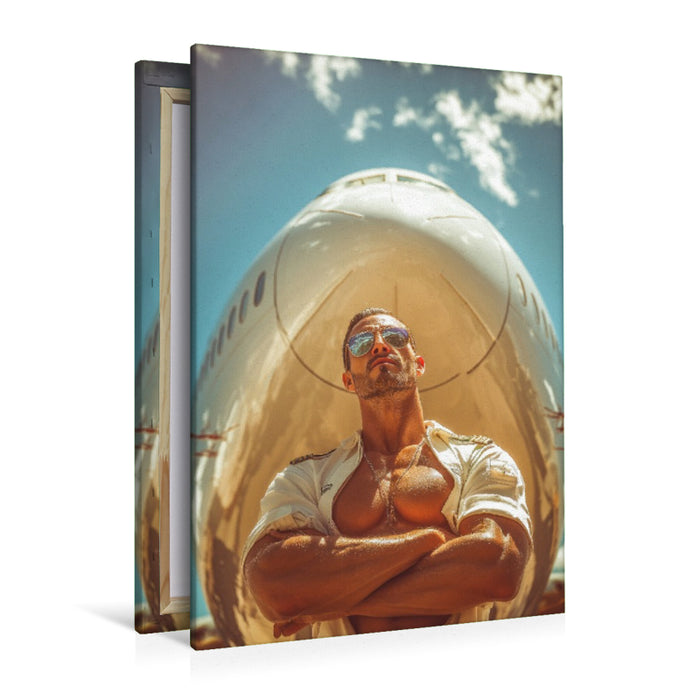 Premium Textil-Leinwand Sexy Pilot vor Flugzeug
