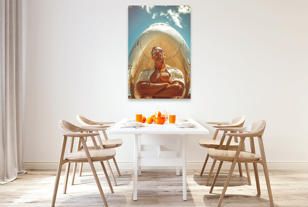 Premium Textil-Leinwand Sexy Pilot vor Flugzeug