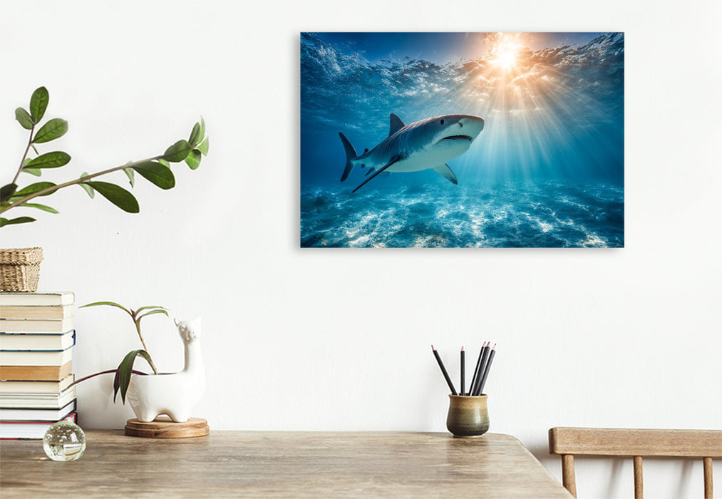 Premium Textil-Leinwand Hai im Sonnenlicht des Ozeans