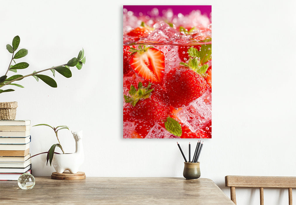Premium Textil-Leinwand Erdbeeren mit Eiswürfeln und Minze