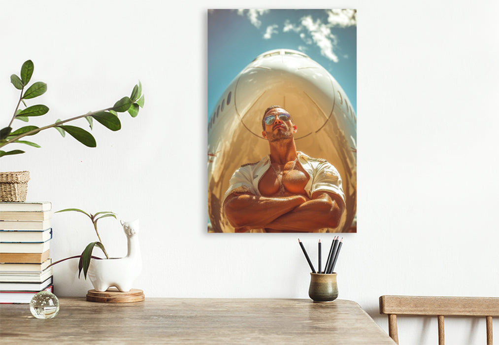 Premium Textil-Leinwand Sexy Pilot vor Flugzeug