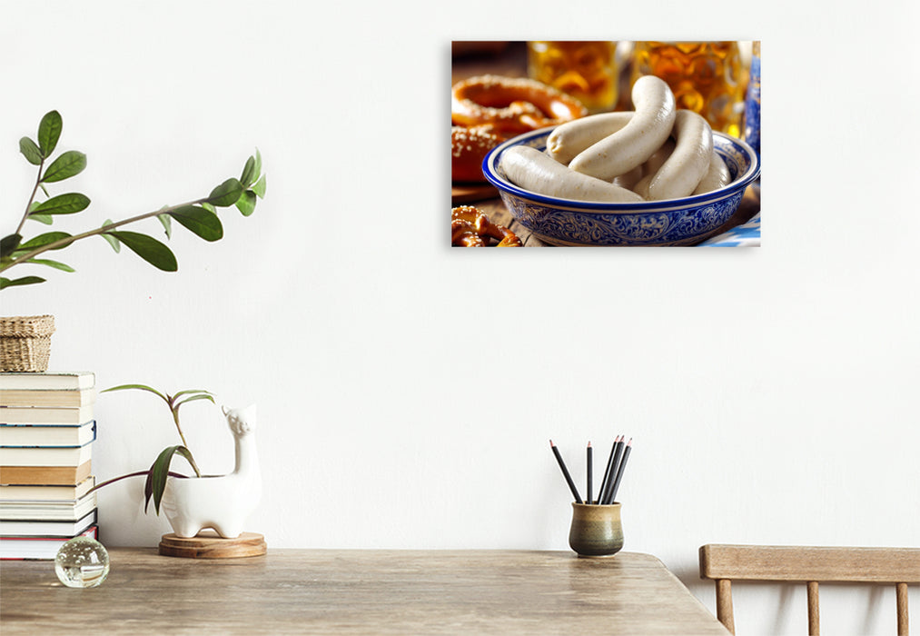 Premium Textil-Leinwand Bayerische Weißwürste mit Bier und Brezel