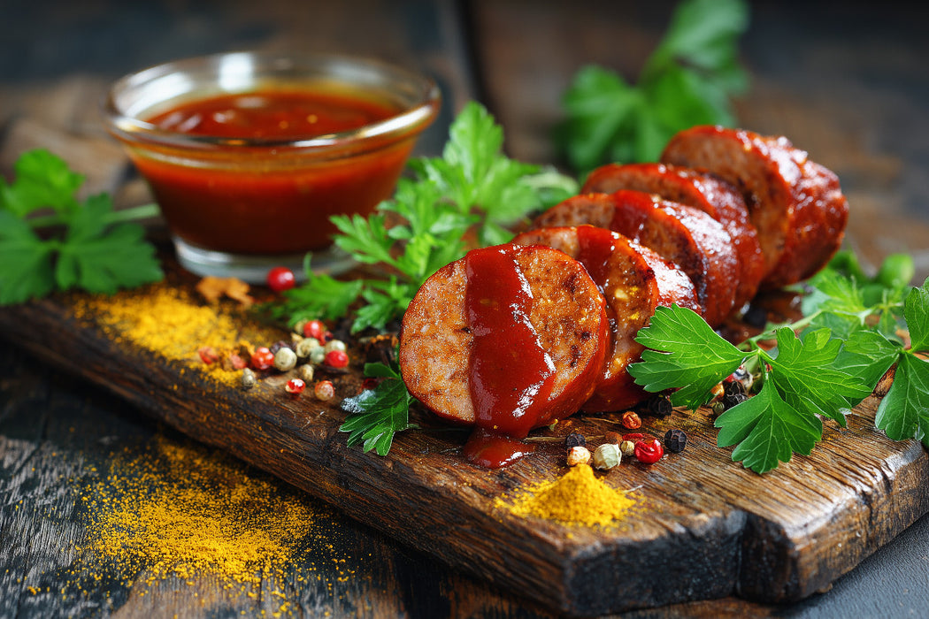 Premium Textil-Leinwand Currywurst mit Sauce und Gewürzen