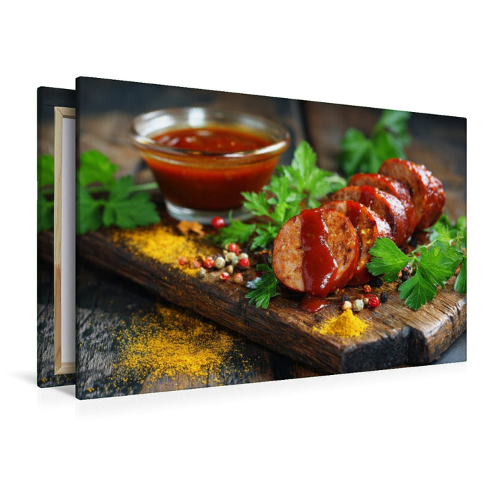 Premium Textil-Leinwand Currywurst mit Sauce und Gewürzen