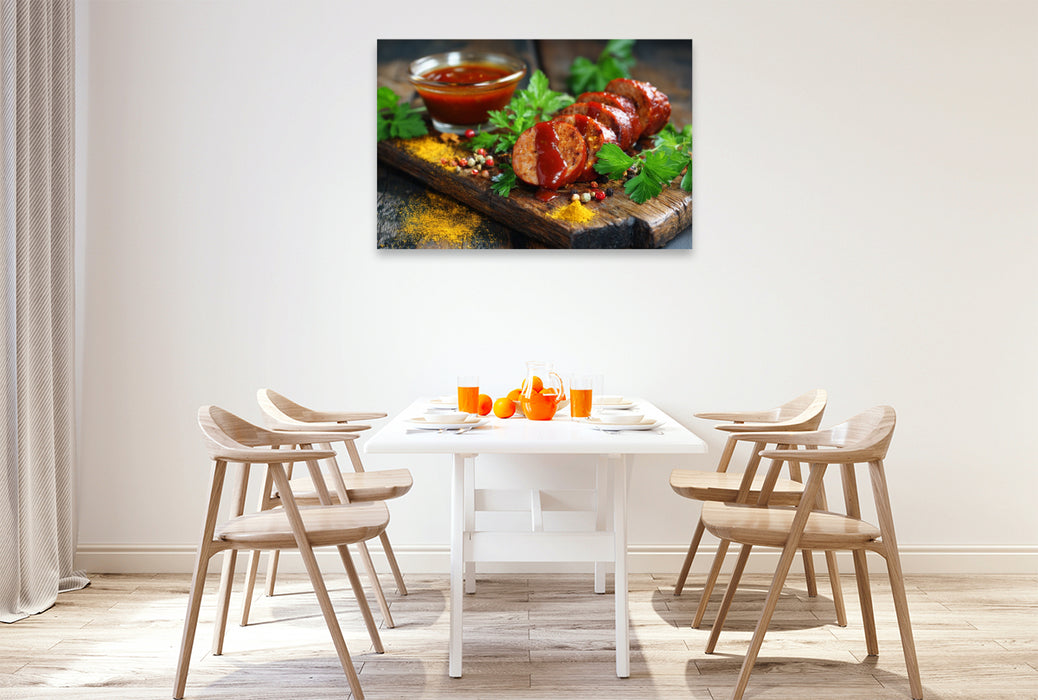 Premium Textil-Leinwand Currywurst mit Sauce und Gewürzen