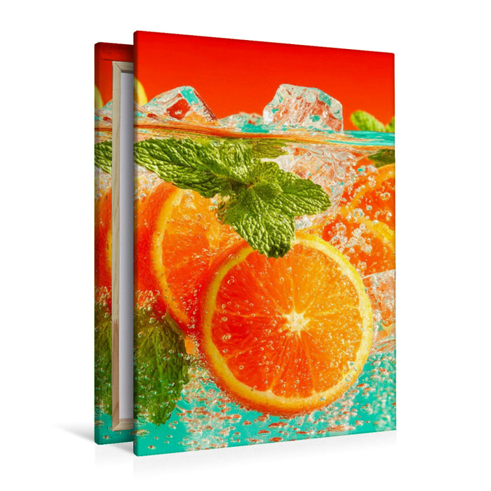 Premium Textil-Leinwand Orangen Cocktail mit Eiswürfeln und Minze