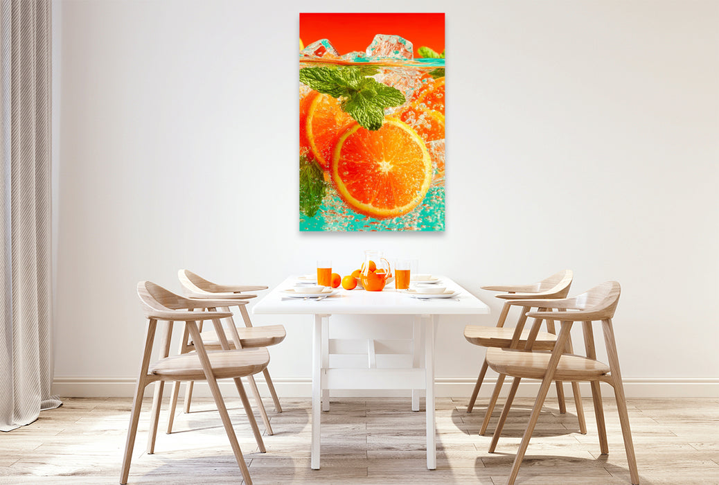 Premium Textil-Leinwand Orangen Cocktail mit Eiswürfeln und Minze