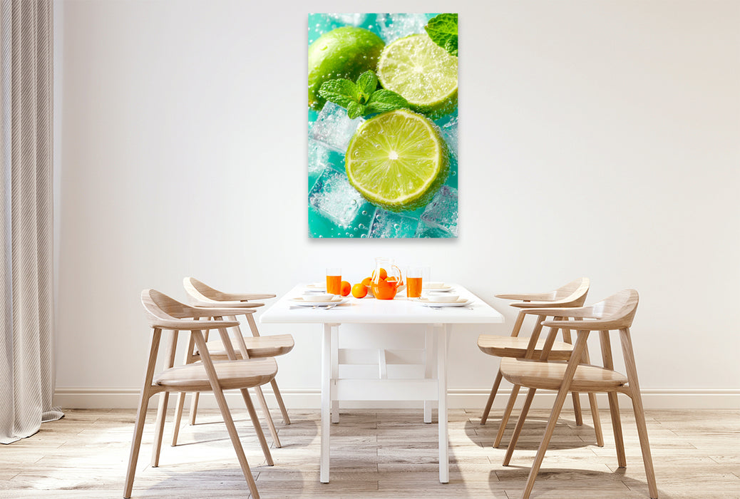 Premium Textil-Leinwand Frische Limetten mit Eiswürfeln