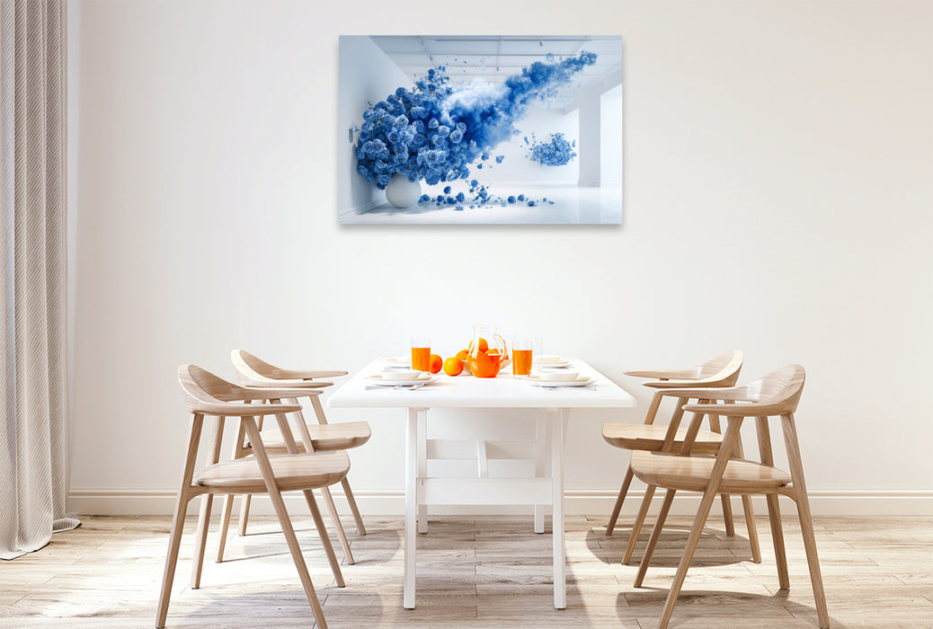 Premium Textil-Leinwand Blaue Rosen Explosion – Moderne Kunst im minimalistischen Raum