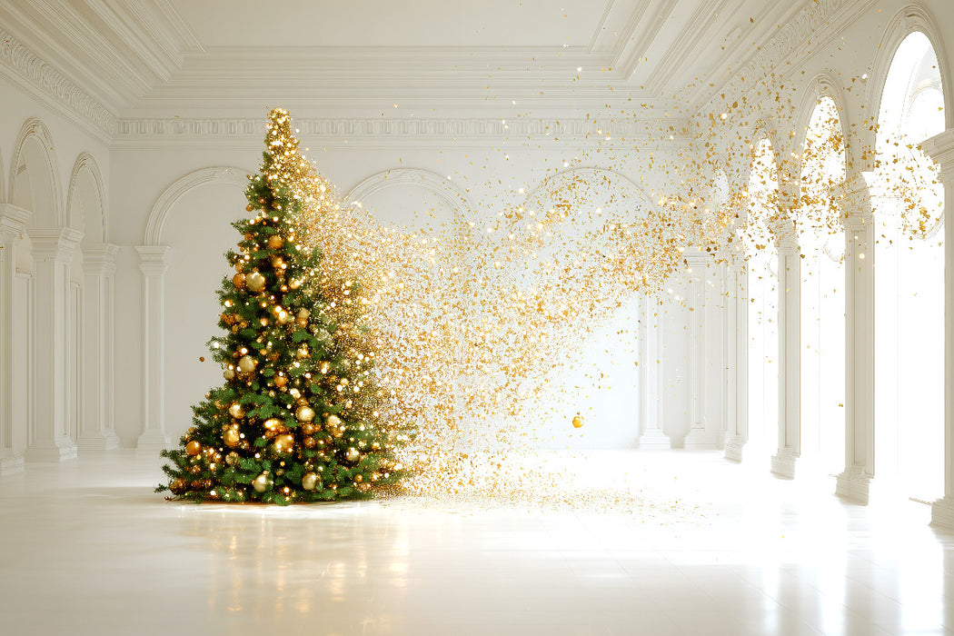 Premium Textil-Leinwand Weihnachtsbaum im weißen Raum – Minimalistische Kunst mit festlicher Eleganz