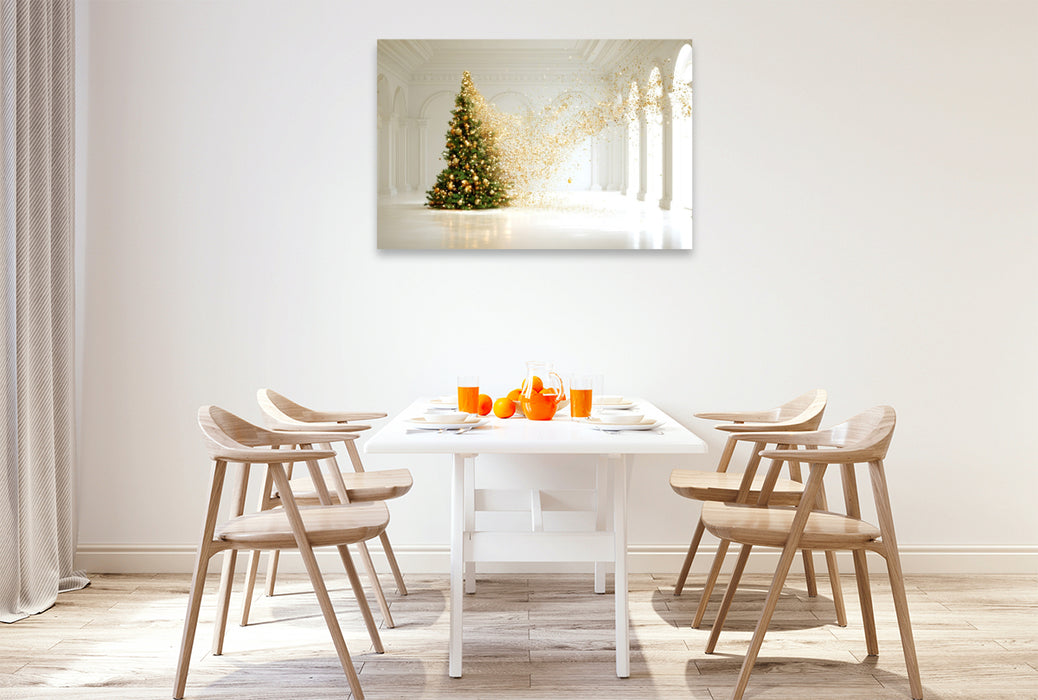 Premium Textil-Leinwand Weihnachtsbaum im weißen Raum – Minimalistische Kunst mit festlicher Eleganz