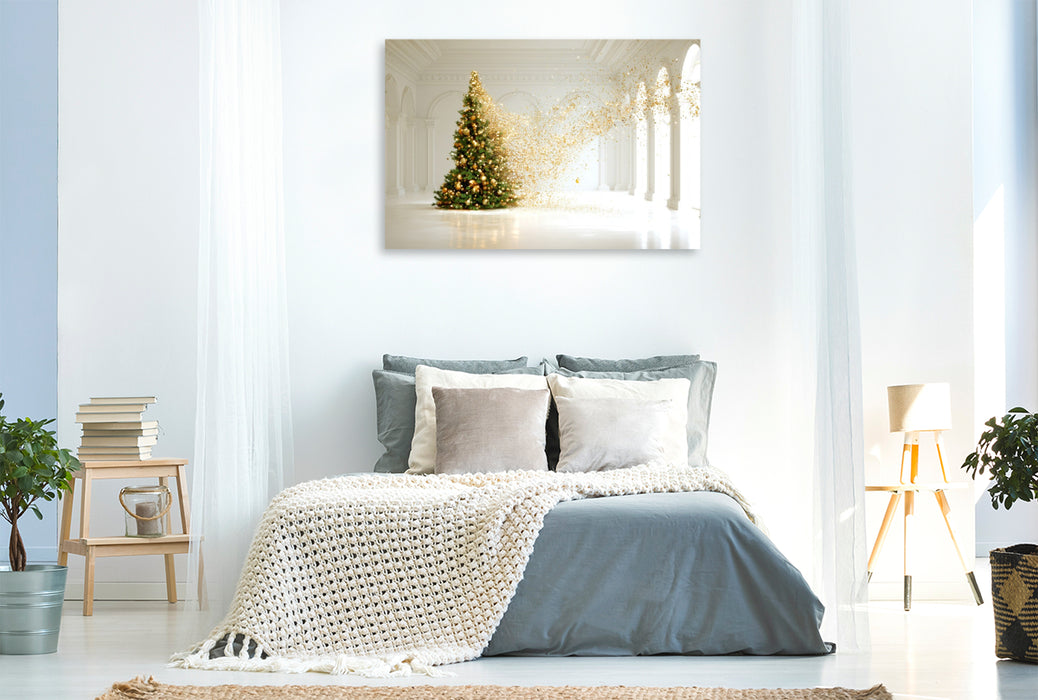 Premium Textil-Leinwand Weihnachtsbaum im weißen Raum – Minimalistische Kunst mit festlicher Eleganz
