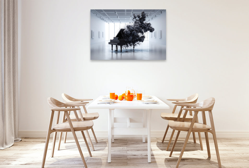 Premium Textil-Leinwand Schwarzes Piano in weißem Raum – Auflösung als moderne Kunst