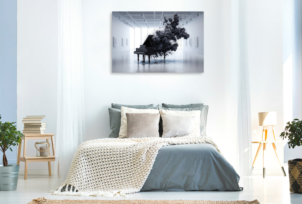 Premium Textil-Leinwand Schwarzes Piano in weißem Raum – Auflösung als moderne Kunst