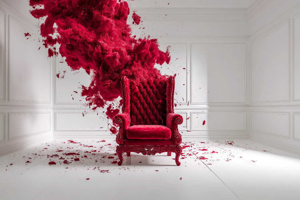 Premium Textil-Leinwand Roter Sessel im weißen Raum – Abstrakte Kunst in minimalistischem Stil